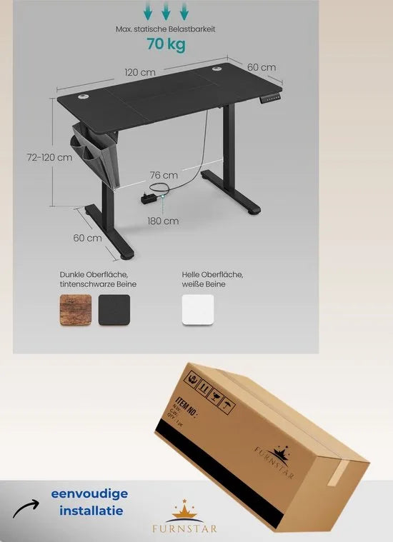 FurnStar - Verstelbaar Bureau Tafel - In Hoogte Verstelbaar Bureau Elektrisch - 70 x 160 x (72-120) cm - Geheugenfunctie voor 4 Hoogtes - Voor Thuiskantoor - Werkkamer - Inktzwart