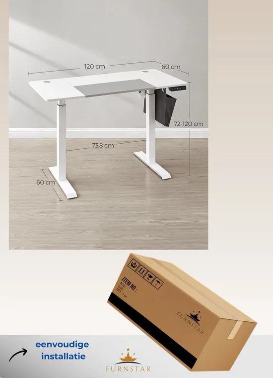 FurnStar - Verstelbaar Bureau Tafel - In Hoogte Verstelbaar Bureau Elektrisch - 70 x 160 x (72-120) cm - Geheugenfunctie voor 4 Hoogtes - Voor Thuiskantoor - Werkkamer - Grijs- Wit