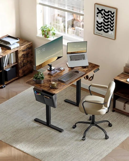 FurnStar - Verstelbaar Bureau Tafel - In Hoogte Verstelbaar Bureau Elektrisch - 120 x 60 x (72-120) cm - Geheugenfunctie voor 4 Hoogtes - Voor Thuiskantoor - Werkkamer - Vintage Bruin -Inktzwart