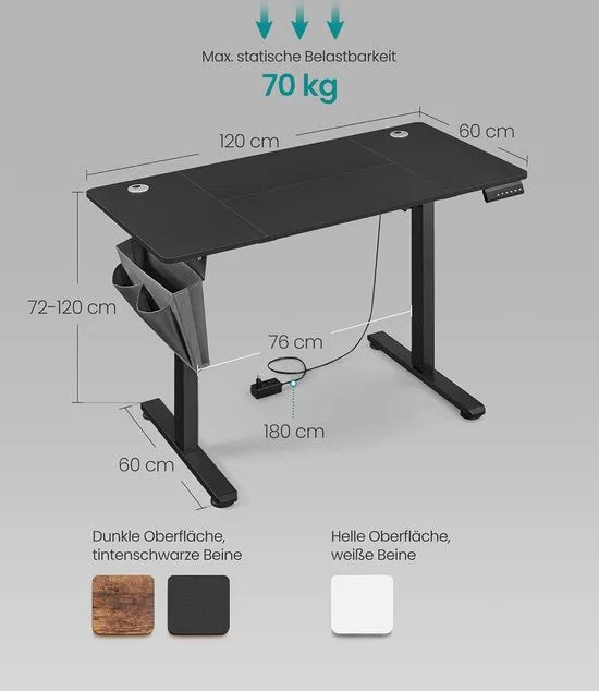 FurnStar - Verstelbaar Bureau Tafel - In Hoogte Verstelbaar Bureau Elektrisch - 70 x 160 x (72-120) cm - Geheugenfunctie voor 4 Hoogtes - Voor Thuiskantoor - Werkkamer - Inktzwart