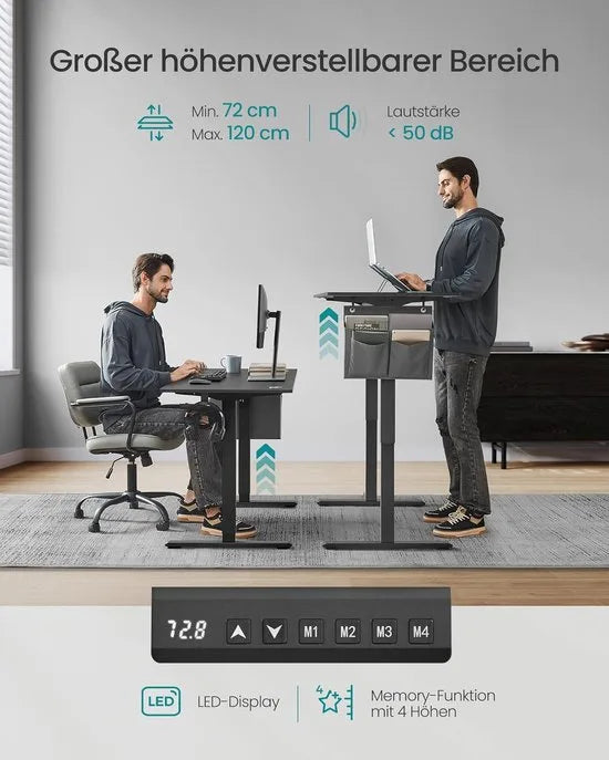 FurnStar - Verstelbaar Bureau Tafel - In Hoogte Verstelbaar Bureau Elektrisch - 70 x 160 x (72-120) cm - Geheugenfunctie voor 4 Hoogtes - Voor Thuiskantoor - Werkkamer - Inktzwart
