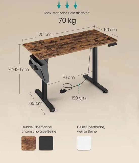 FurnStar - Verstelbaar Bureau Tafel - In Hoogte Verstelbaar Bureau Elektrisch - 120 x 60 x (72-120) cm - Geheugenfunctie voor 4 Hoogtes - Voor Thuiskantoor - Werkkamer - Vintage Bruin -Inktzwart