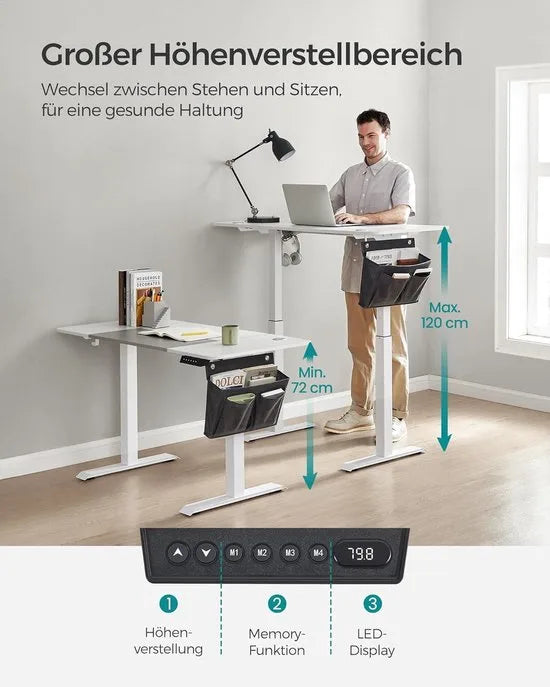 FurnStar - Verstelbaar Bureau Tafel - In Hoogte Verstelbaar Bureau Elektrisch - 70 x 160 x (72-120) cm - Geheugenfunctie voor 4 Hoogtes - Voor Thuiskantoor - Werkkamer - Grijs- Wit