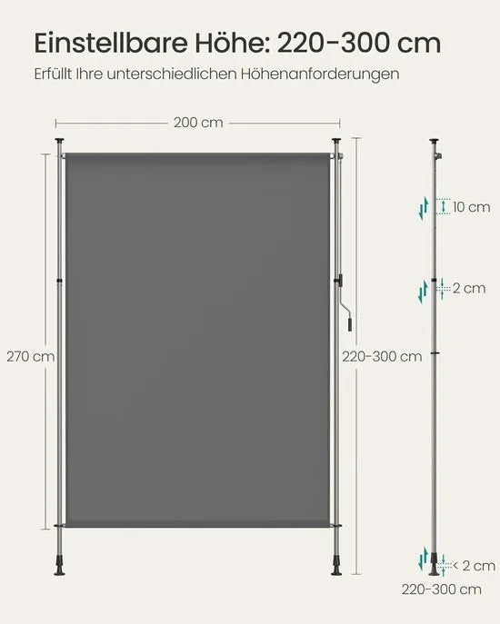 Furnstar - Verticale zonwering in hoogte verstelbaar - 200 x 220-300 cm - Geen boren nodig - Verticale luifel voor terras balkon - Met luifelkast - UPF 50+ -Inkijkbescherming - Antracietgrijs