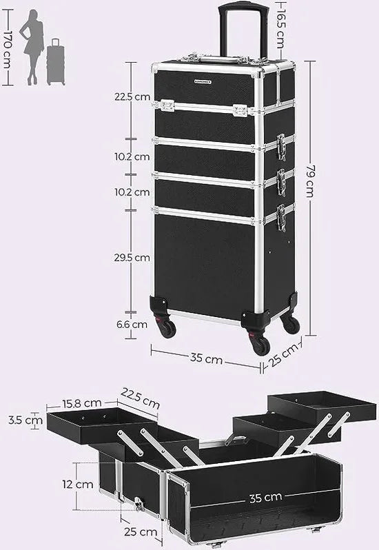 FurnStar - Visagie koffer - Make Up Kappers Koffer - Cosmetica - 4 in 1 - Aluminium - Zwart