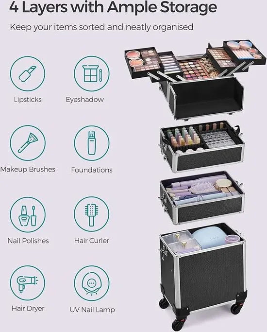 FurnStar - Visagie koffer - Make Up Kappers Koffer - Cosmetica - 4 in 1 - Aluminium - Zwart