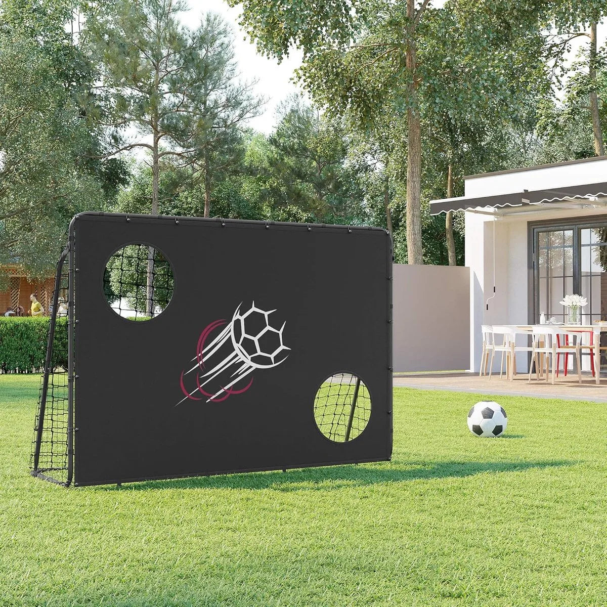 Furnstar - Voetbaldoel met doelwand 215 x 150 x 76 cm snelle montage tuin park strand metalen buizen en PE-net zwart SZQ215B02