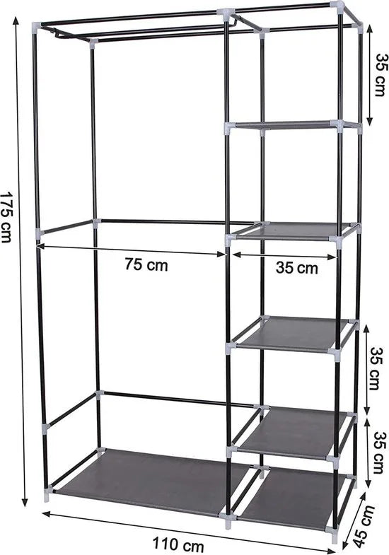 FurnStar – Vouwkast XL – Stoffen kledingkast – Met legplanken en kledingroede – 175 x 110 x 45 cm – Grijs