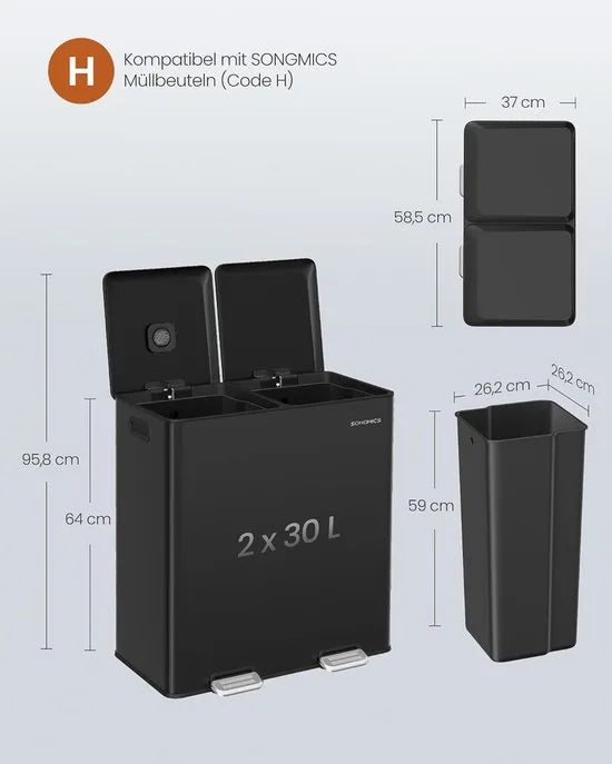 Furnstar Vuilnisbak keuken - 2 x 30 L - 2 vakken - Afvalscheidingssysteem - Softclose - Uitneembare binnenemmer - Pedalen - Staal - Inktzwart