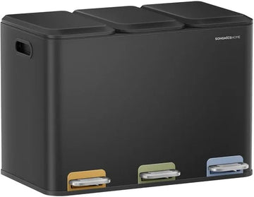 Furnstar Vuilnisbak keuken - 3 x 15 L vakken - Afvalemmer met kleurcoderbare pedalen - Afvalscheidingssysteem met deksels en binnenemmers - Staal - Inktzwart