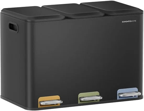 Furnstar Vuilnisbak keuken - 3 x 15 L vakken - Afvalemmer met kleurcoderbare pedalen - Afvalscheidingssysteem met deksels en binnenemmers - Staal - Inktzwart