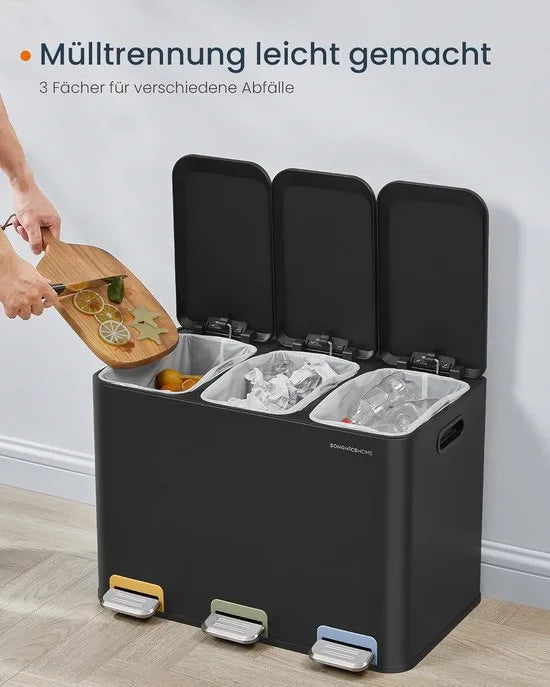Furnstar Vuilnisbak keuken - 3 x 15 L vakken - Afvalemmer met kleurcoderbare pedalen - Afvalscheidingssysteem met deksels en binnenemmers - Staal - Inktzwart