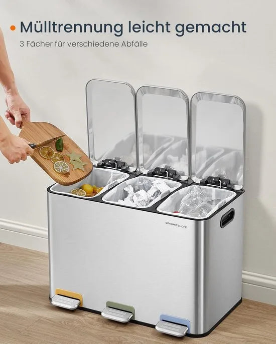 Furnstar Vuilnisbak keuken - 3 x 15 L vakken - Afvalemmer met kleurcoderbare pedalen - Afvalscheidingssysteem met deksels en binnenemmers - Staal - Metallic Zilver