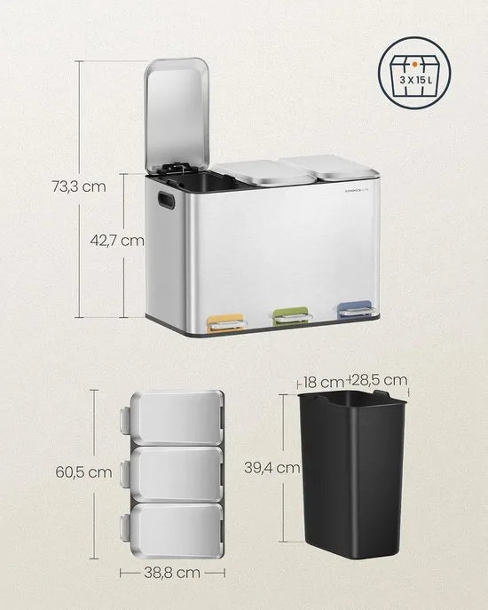 Furnstar Vuilnisbak keuken - 3 x 15 L vakken - Afvalemmer met kleurcoderbare pedalen - Afvalscheidingssysteem met deksels en binnenemmers - Staal - Metallic Zilver