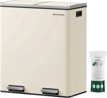 Furnstar Vuilnisemmer - 2 x 30 L - 2 vakken - Afvalscheidingssysteem - Pedaalemmer keuken - Afvalemmer met binnenemmer van kunststof - Klapdeksel softclose - Metaal - Luchtdicht -Creme