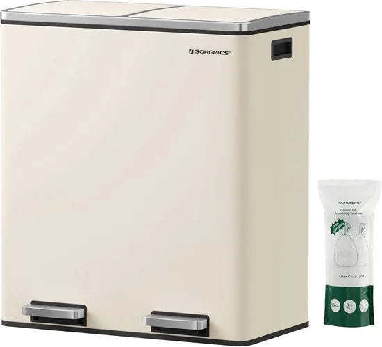 Furnstar Vuilnisemmer - 2 x 30 L - 2 vakken - Afvalscheidingssysteem - Pedaalemmer keuken - Afvalemmer met binnenemmer van kunststof - Klapdeksel softclose - Metaal - Luchtdicht -Creme