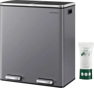 Furnstar Vuilnisemmer - 2 x 30 L - 2 vakken - Afvalscheidingssysteem - Pedaalemmer keuken - Afvalemmer met binnenemmer van kunststof - Klapdeksel softclose luchtdicht - Metaal - Leigrijs