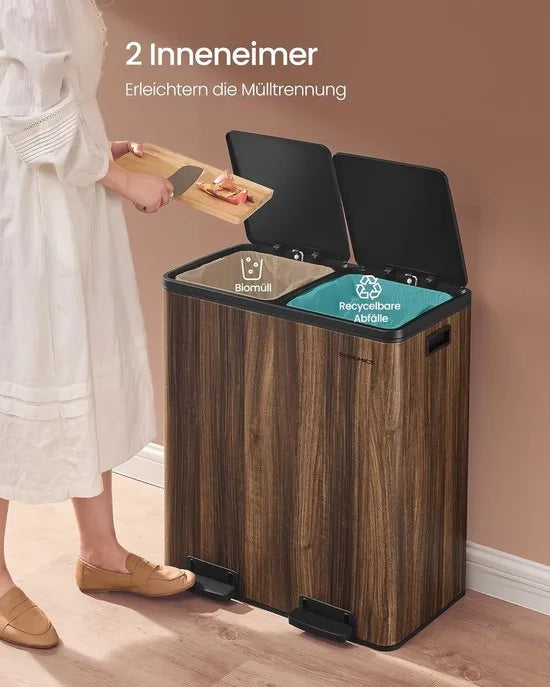 Furnstar Vuilnisemmer - 2 x 30 L - 2 vakken - Afvalscheidingssysteem - Pedaalemmer keuken - Afvalemmer met binnenemmer van kunststof - Klapdeksel softclose - Metaal - Donkerwalnootkleur