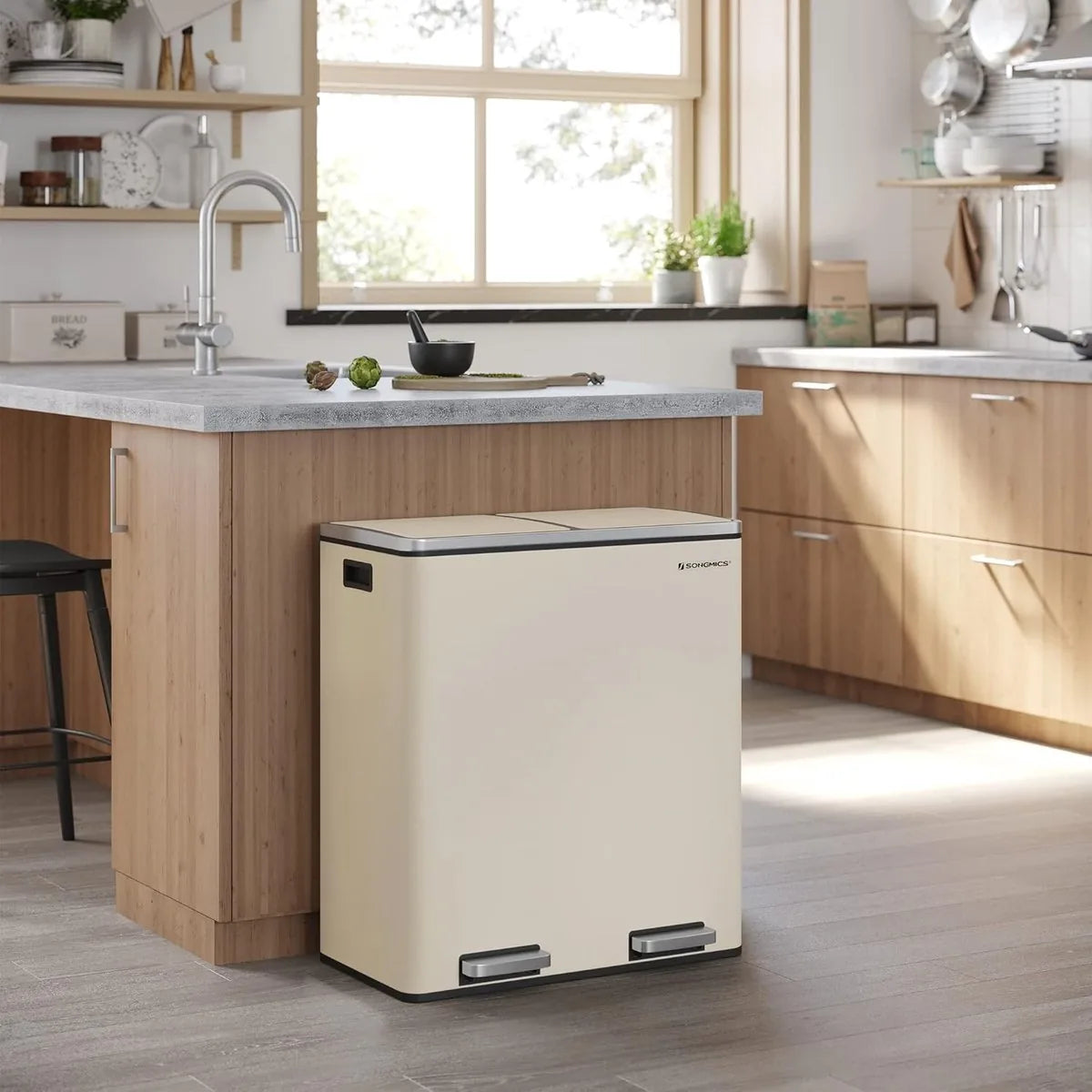 Furnstar Vuilnisemmer - 2 x 30 L - 2 vakken - Afvalscheidingssysteem - Pedaalemmer keuken - Afvalemmer met binnenemmer van kunststof - Klapdeksel softclose - Metaal - Luchtdicht -Creme