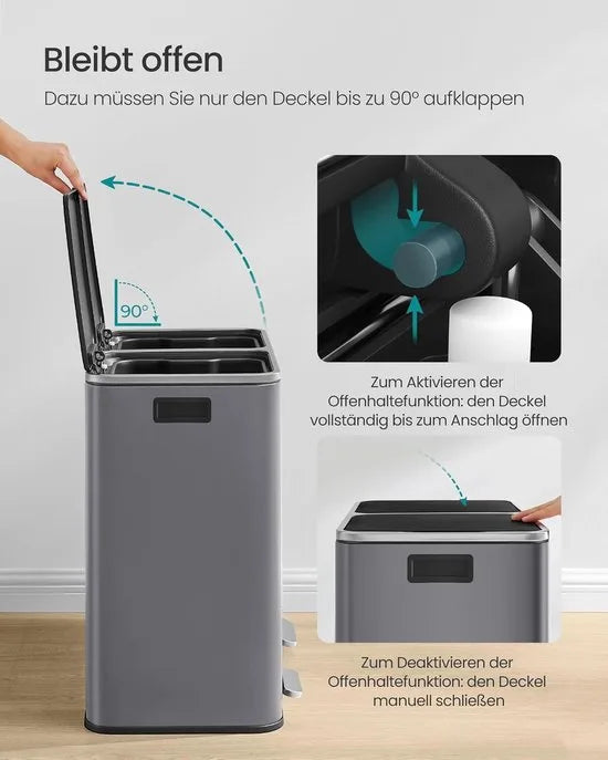 Furnstar Vuilnisemmer - 2 x 30 L - 2 vakken - Afvalscheidingssysteem - Pedaalemmer keuken - Afvalemmer met binnenemmer van kunststof - Klapdeksel softclose luchtdicht - Metaal - Leigrijs