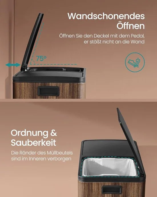 Furnstar Vuilnisemmer - 2 x 30 L - 2 vakken - Afvalscheidingssysteem - Pedaalemmer keuken - Afvalemmer met binnenemmer van kunststof - Klapdeksel softclose - Metaal - Donkerwalnootkleur