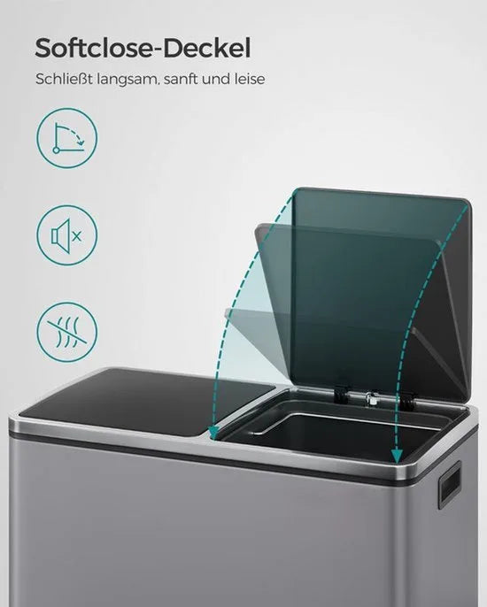 Furnstar Vuilnisemmer - 2 x 30 L - 2 vakken - Afvalscheidingssysteem - Pedaalemmer keuken - Afvalemmer met binnenemmer van kunststof - Klapdeksel softclose luchtdicht - Metaal - Leigrijs