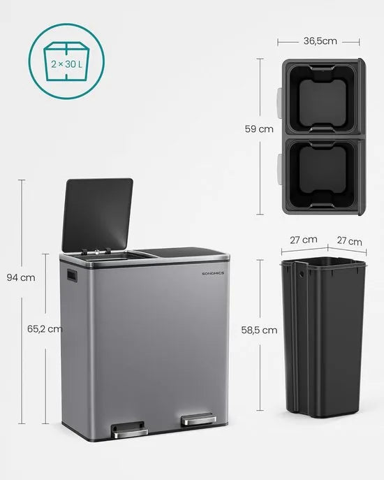 Furnstar Vuilnisemmer - 2 x 30 L - 2 vakken - Afvalscheidingssysteem - Pedaalemmer keuken - Afvalemmer met binnenemmer van kunststof - Klapdeksel softclose luchtdicht - Metaal - Leigrijs