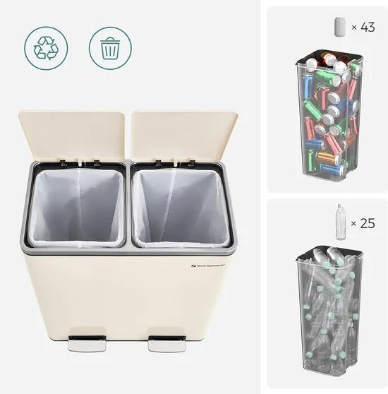 Furnstar Vuilnisemmer - 2 x 30 L - 2 vakken - Afvalscheidingssysteem - Pedaalemmer keuken - Afvalemmer met binnenemmer van kunststof - Klapdeksel softclose - Metaal - Luchtdicht -Creme