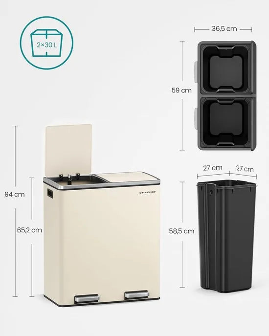 Furnstar Vuilnisemmer - 2 x 30 L - 2 vakken - Afvalscheidingssysteem - Pedaalemmer keuken - Afvalemmer met binnenemmer van kunststof - Klapdeksel softclose - Metaal - Luchtdicht -Creme