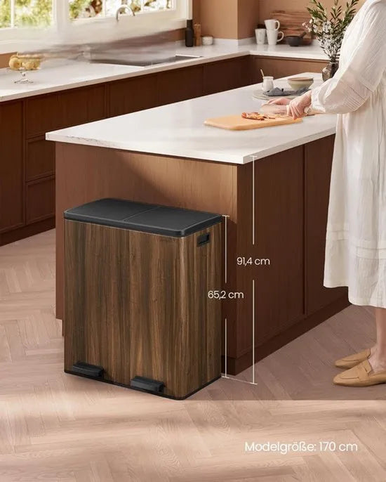 Furnstar Vuilnisemmer - 2 x 30 L - 2 vakken - Afvalscheidingssysteem - Pedaalemmer keuken - Afvalemmer met binnenemmer van kunststof - Klapdeksel softclose - Metaal - Donkerwalnootkleur