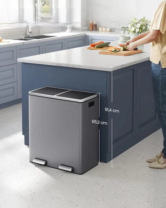 Furnstar Vuilnisemmer - 2 x 30 L - 2 vakken - Afvalscheidingssysteem - Pedaalemmer keuken - Afvalemmer met binnenemmer van kunststof - Klapdeksel softclose luchtdicht - Metaal - Leigrijs