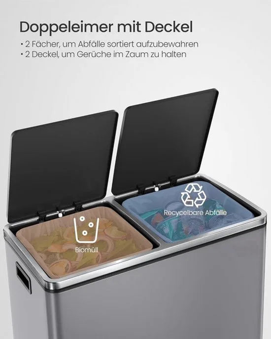 Furnstar Vuilnisemmer - 2 x 30 L - 2 vakken - Afvalscheidingssysteem - Pedaalemmer keuken - Afvalemmer met binnenemmer van kunststof - Klapdeksel softclose luchtdicht - Metaal - Leigrijs