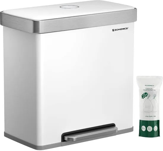 Furnstar Vuilnisemmer - 2 x 30 L roestvrijstalen pedaalemmer - Inclusief 15 vuilniszakken - Recycling en afval - Kunststof binnenemmers - Deksel - Soft closure - 58,2 x 31,5 x 60,5 cm - Wit