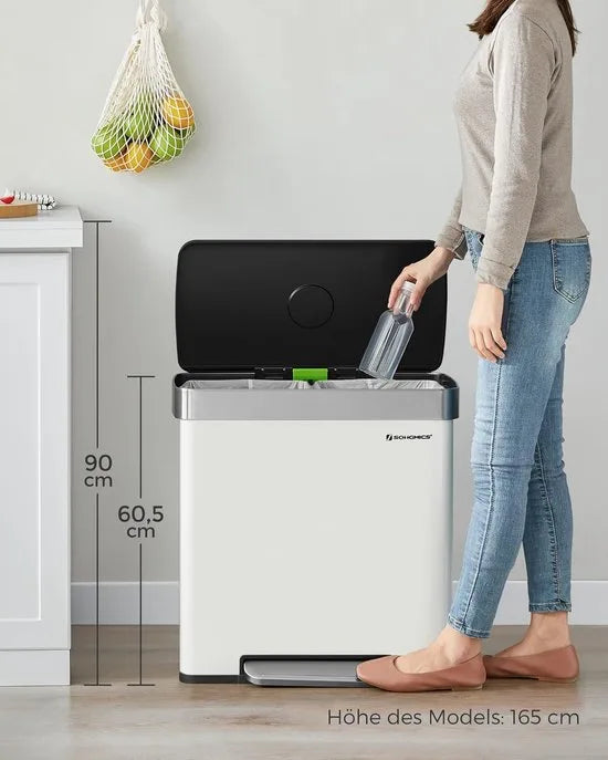 Furnstar Vuilnisemmer - 2 x 30 L roestvrijstalen pedaalemmer - Inclusief 15 vuilniszakken - Recycling en afval - Kunststof binnenemmers - Deksel - Soft closure - 58,2 x 31,5 x 60,5 cm - Wit