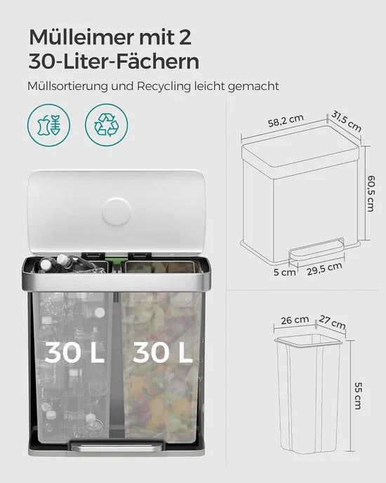 Furnstar Vuilnisemmer - 2 x 30 L roestvrijstalen pedaalemmer - Inclusief 15 vuilniszakken - Recycling en afval - Kunststof binnenemmers - Deksel - Soft closure - 58,2 x 31,5 x 60,5 cm - Wit