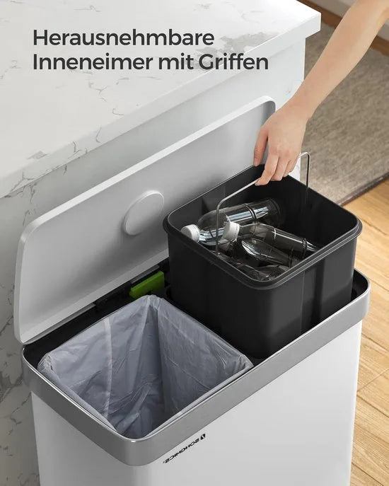 Furnstar Vuilnisemmer - 2 x 30 L roestvrijstalen pedaalemmer - Inclusief 15 vuilniszakken - Recycling en afval - Kunststof binnenemmers - Deksel - Soft closure - 58,2 x 31,5 x 60,5 cm - Wit