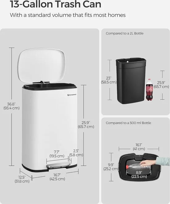 Furnstar Vuilnisemmer – 50 L – Afvalemmer / Pedaalemmer – Met Deksel & Softclose – Voetpedaal – Staal – Binnenemmer – Wit
