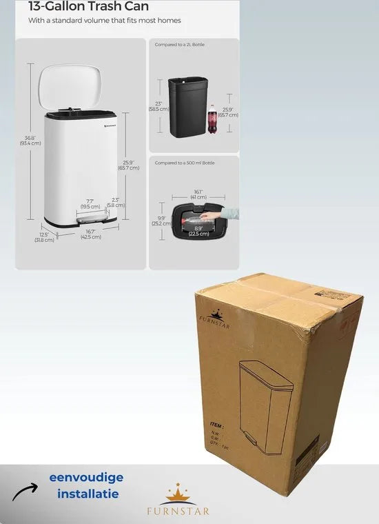 Furnstar Vuilnisemmer – 50 L – Afvalemmer / Pedaalemmer – Met Deksel & Softclose – Voetpedaal – Staal – Binnenemmer – Wit