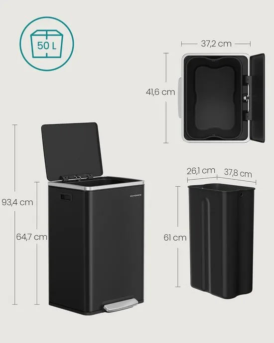 Furnstar Vuilnisemmer – 50L Afvalbak – Inclusief 15 Afvalzakken – Uitneembare Kunststof Binnenemmer – Soft-Close Deksel – Met Handgrepen – Staal – Inktzwart