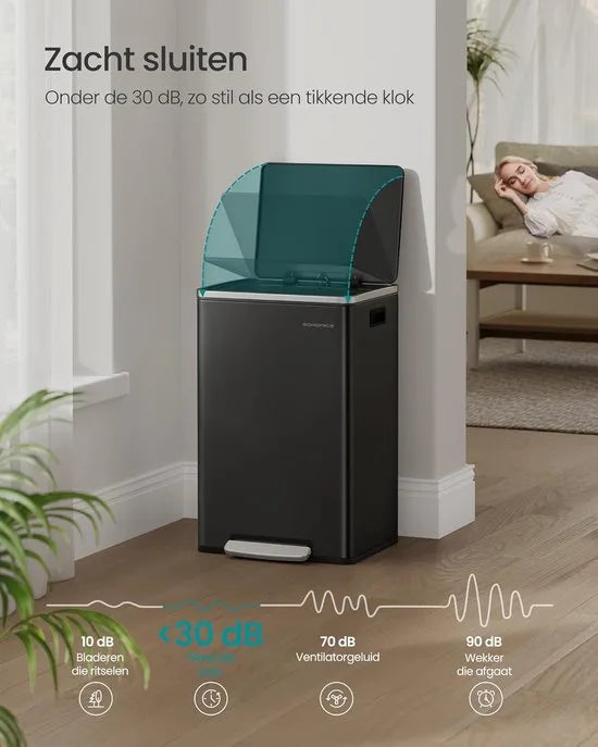 Furnstar Vuilnisemmer – 50L Afvalbak – Inclusief 15 Afvalzakken – Uitneembare Kunststof Binnenemmer – Soft-Close Deksel – Met Handgrepen – Staal – Inktzwart