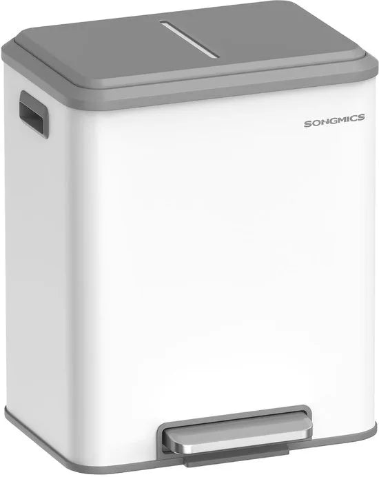Furnstar Vuilnisemmer - Afvalscheidingssysteem 2 x 15 L - 2 vakken voor recycling en restafval - Afvalemmer met binnenemmer - Staal - Softclose deksel - Breed robuust pedaal - Wolkenwit