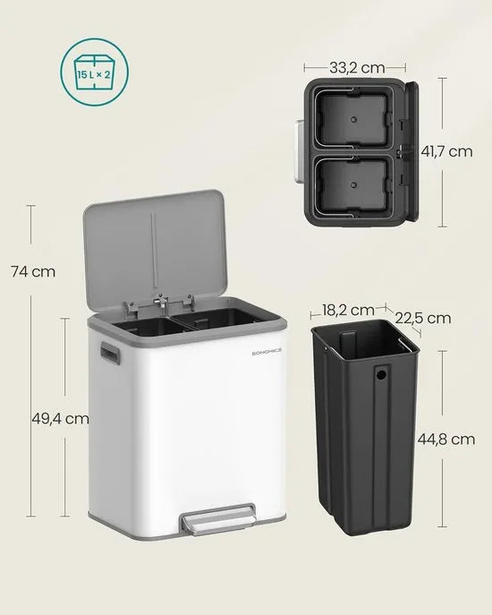 Furnstar Vuilnisemmer - Afvalscheidingssysteem 2 x 15 L - 2 vakken voor recycling en restafval - Afvalemmer met binnenemmer - Staal - Softclose deksel - Breed robuust pedaal - Wolkenwit