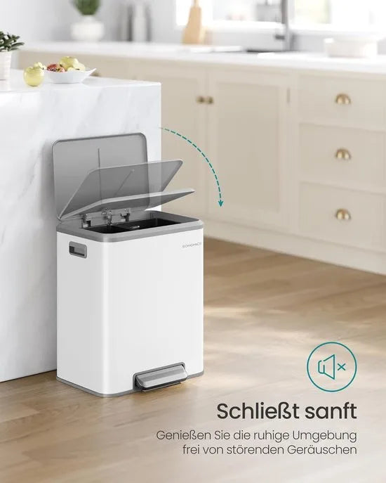 Furnstar Vuilnisemmer - Afvalscheidingssysteem 2 x 15 L - 2 vakken voor recycling en restafval - Afvalemmer met binnenemmer - Staal - Softclose deksel - Breed robuust pedaal - Wolkenwit