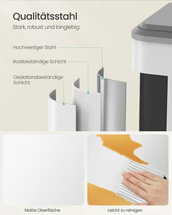 Furnstar Vuilnisemmer - Afvalscheidingssysteem 2 x 15 L - 2 vakken voor recycling en restafval - Afvalemmer met binnenemmer - Staal - Softclose deksel - Breed robuust pedaal - Wolkenwit