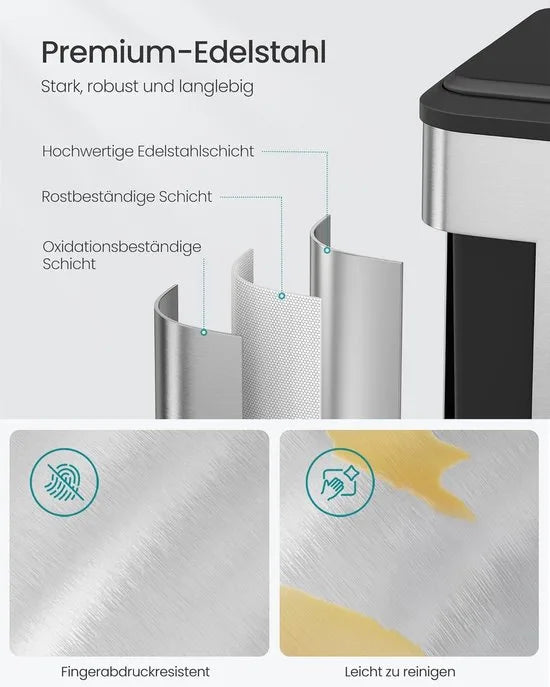 Furnstar Vuilnisemmer - Afvalscheidingssysteem 2 x 30 L - 2 vakken voor recycling en restafval - Afvalemmer met binnenemmer - Roestvrij staal - Softclose deksel - Breed robuust pedaal - Metallic zilver
