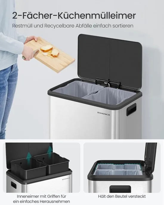 Furnstar Vuilnisemmer - Afvalscheidingssysteem 2 x 30 L - 2 vakken voor recycling en restafval - Afvalemmer met binnenemmer - Roestvrij staal - Softclose deksel - Breed robuust pedaal - Metallic zilver