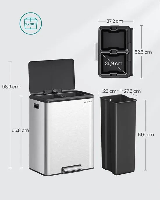 Furnstar Vuilnisemmer - Afvalscheidingssysteem 2 x 30 L - 2 vakken voor recycling en restafval - Afvalemmer met binnenemmer - Roestvrij staal - Softclose deksel - Breed robuust pedaal - Metallic zilver