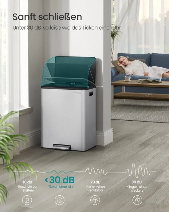 Furnstar Vuilnisemmer - Afvalscheidingssysteem 2 x 30 L - 2 vakken voor recycling en restafval - Afvalemmer met binnenemmer - Roestvrij staal - Softclose deksel - Breed robuust pedaal - Metallic zilver