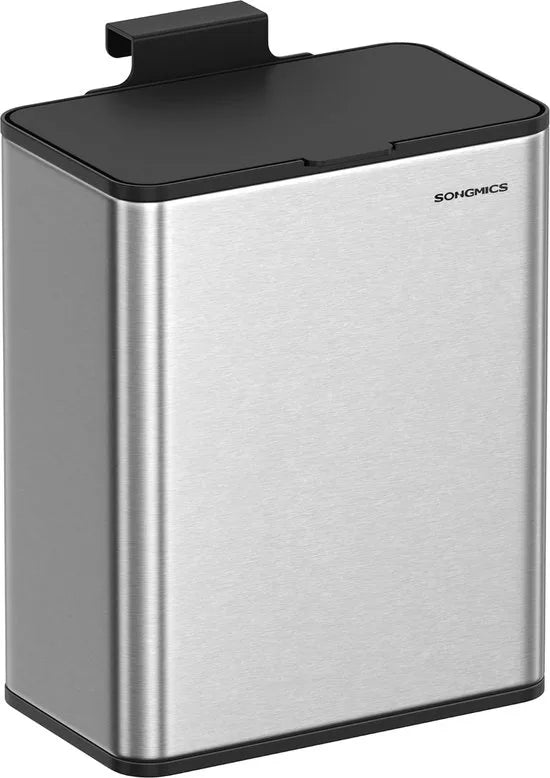 FurnStar - Vuilnisemmer hangend - 8 l compostemmer keuken - stalen afvalemmer met deksel voor biologisch afval - met haken - aan de kastdeur of muur - voor onderkast badkamer - Inktzwart – Metallic zilver