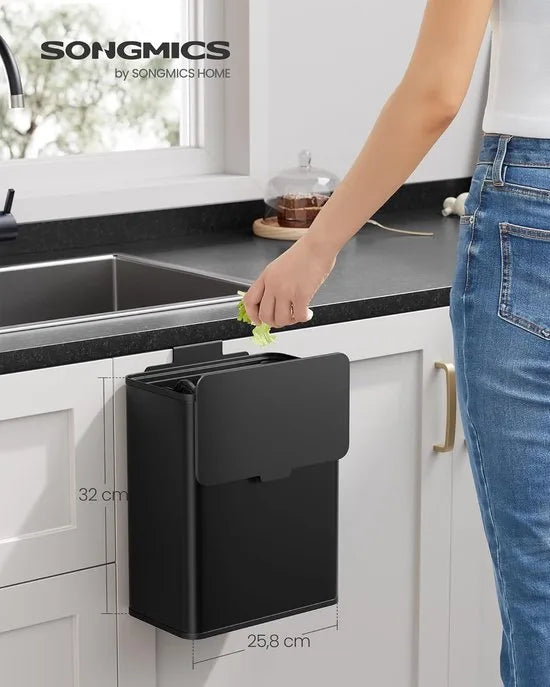 FurnStar - Vuilnisemmer hangend - 8 l compostemmer keuken - stalen afvalemmer met deksel voor biologisch afval - met haken - aan de kastdeur of muur - voor onderkast badkamer - Inktzwart